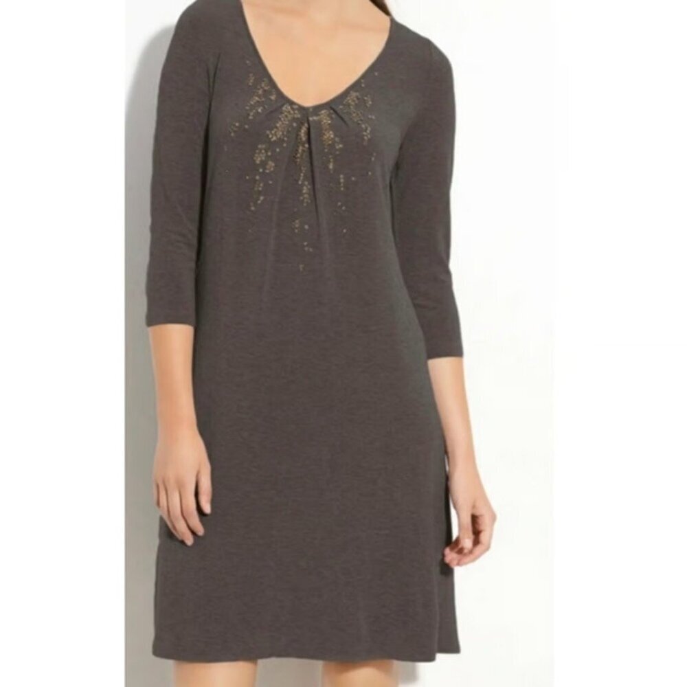Eileen Fisher Womens Size Large Beaded & Sequin Italian Yarn Knit Dress in Brown